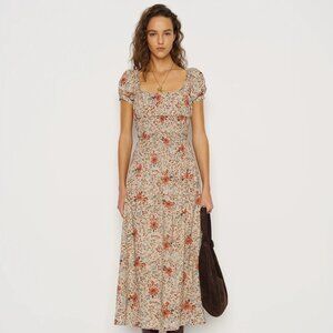 Reformation Riva Floral Midi Dress with Beige Rust & Green Pattern